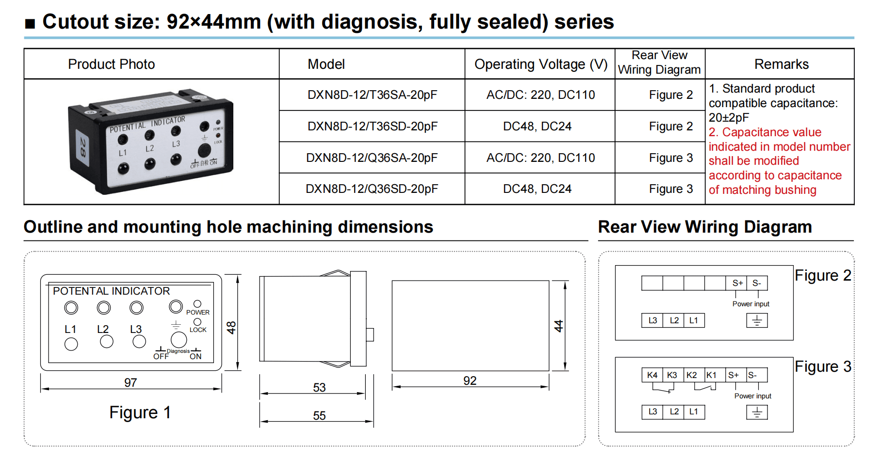 92×44mm Fully Sealed Vdis With Diagnosis For Switchgear Detailed And Wiring Dimensions