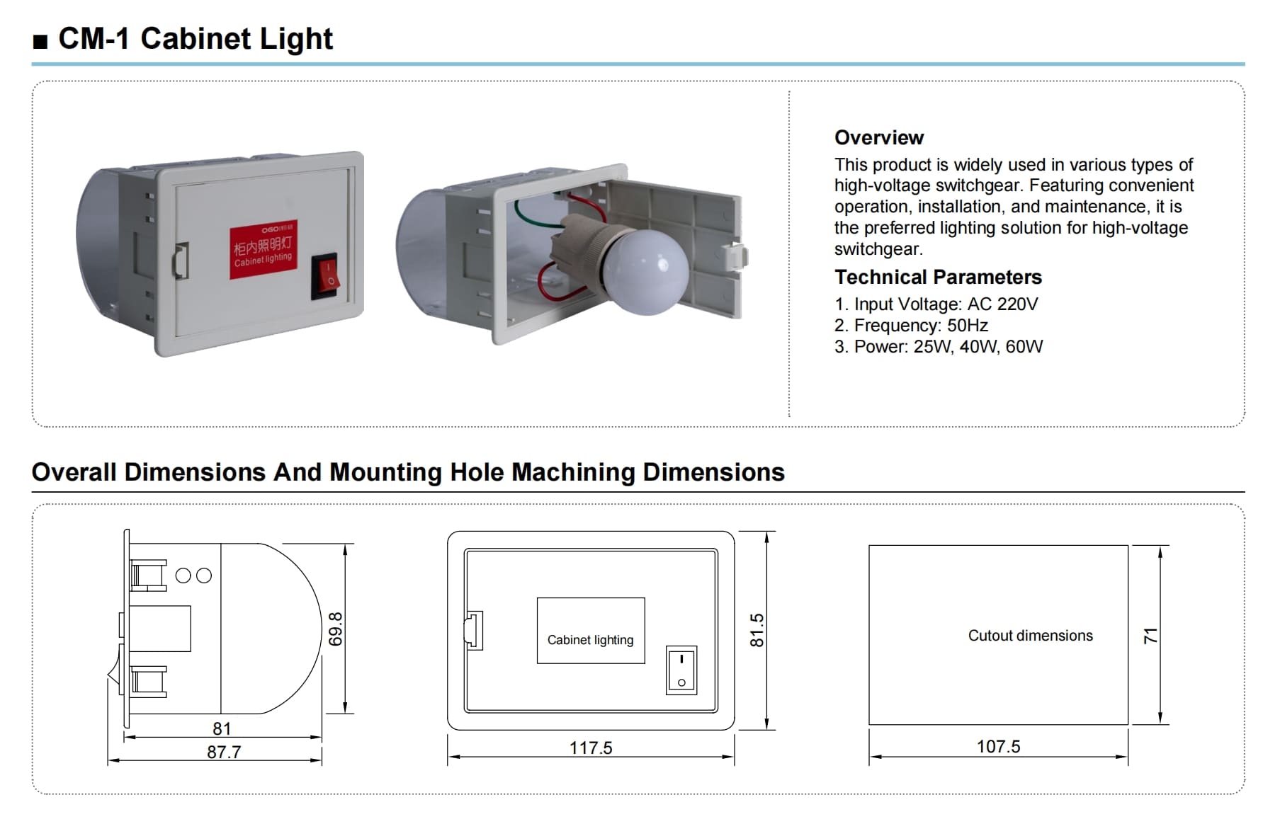Cm 1 Cabinet Light For Switchgear Detailed And Wiring Dimensions
