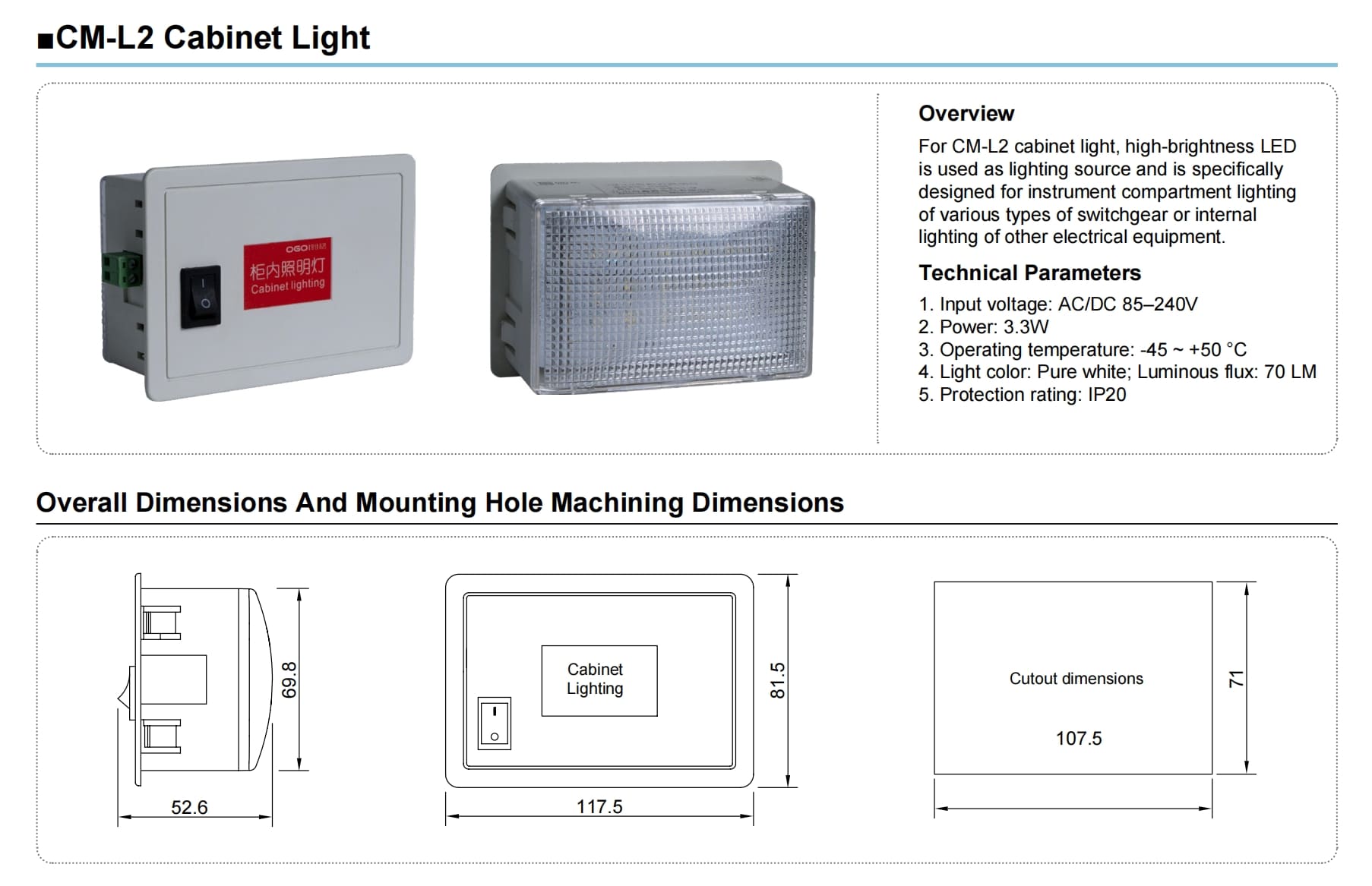 Cm L2 Cabinet Led Light For Switchgear Detailed And Wiring Dimensions