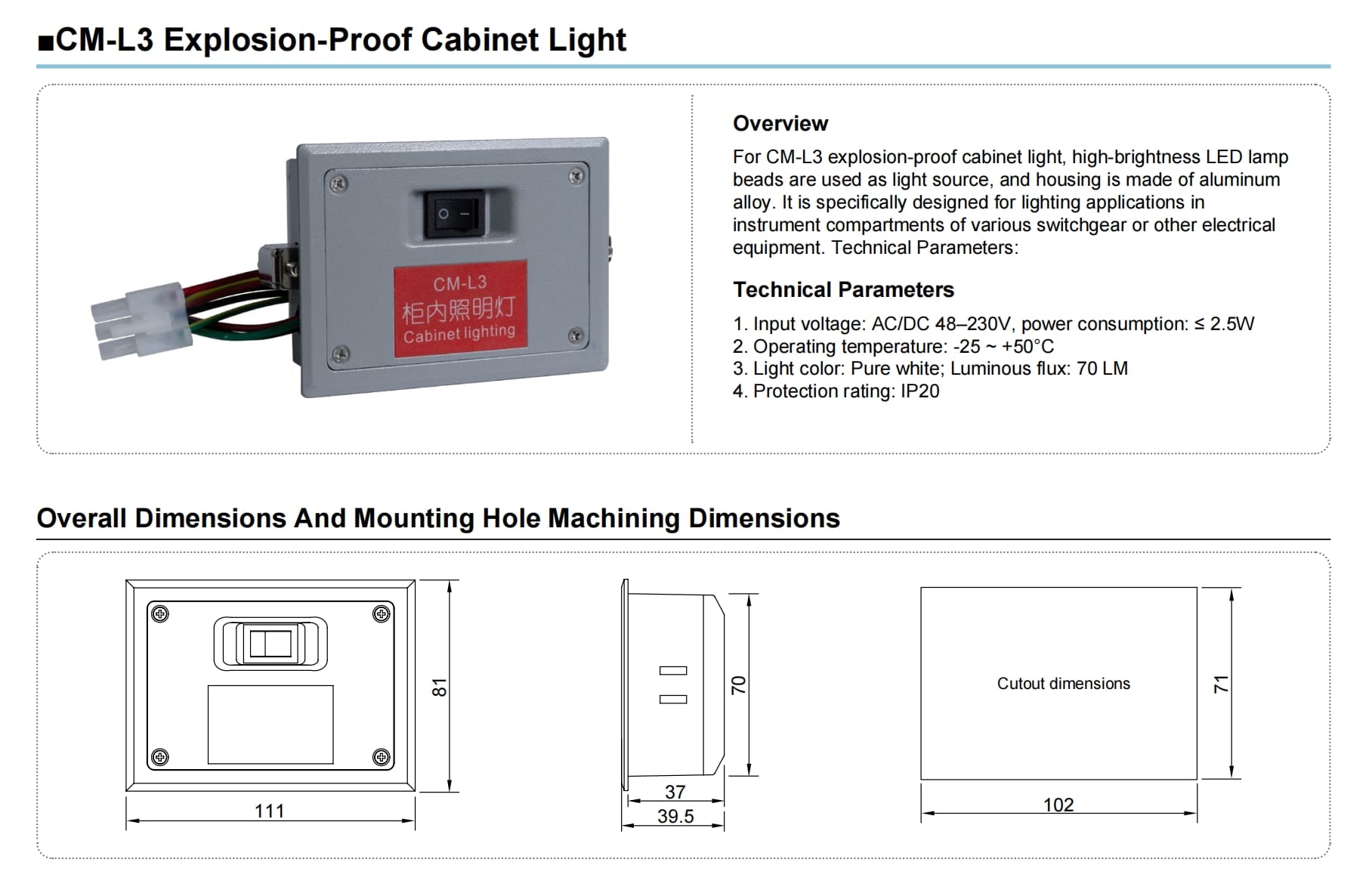 Cm L3 Explosion Proof Cabinet Light For Switchgear Detailed And Wiring Dimensions