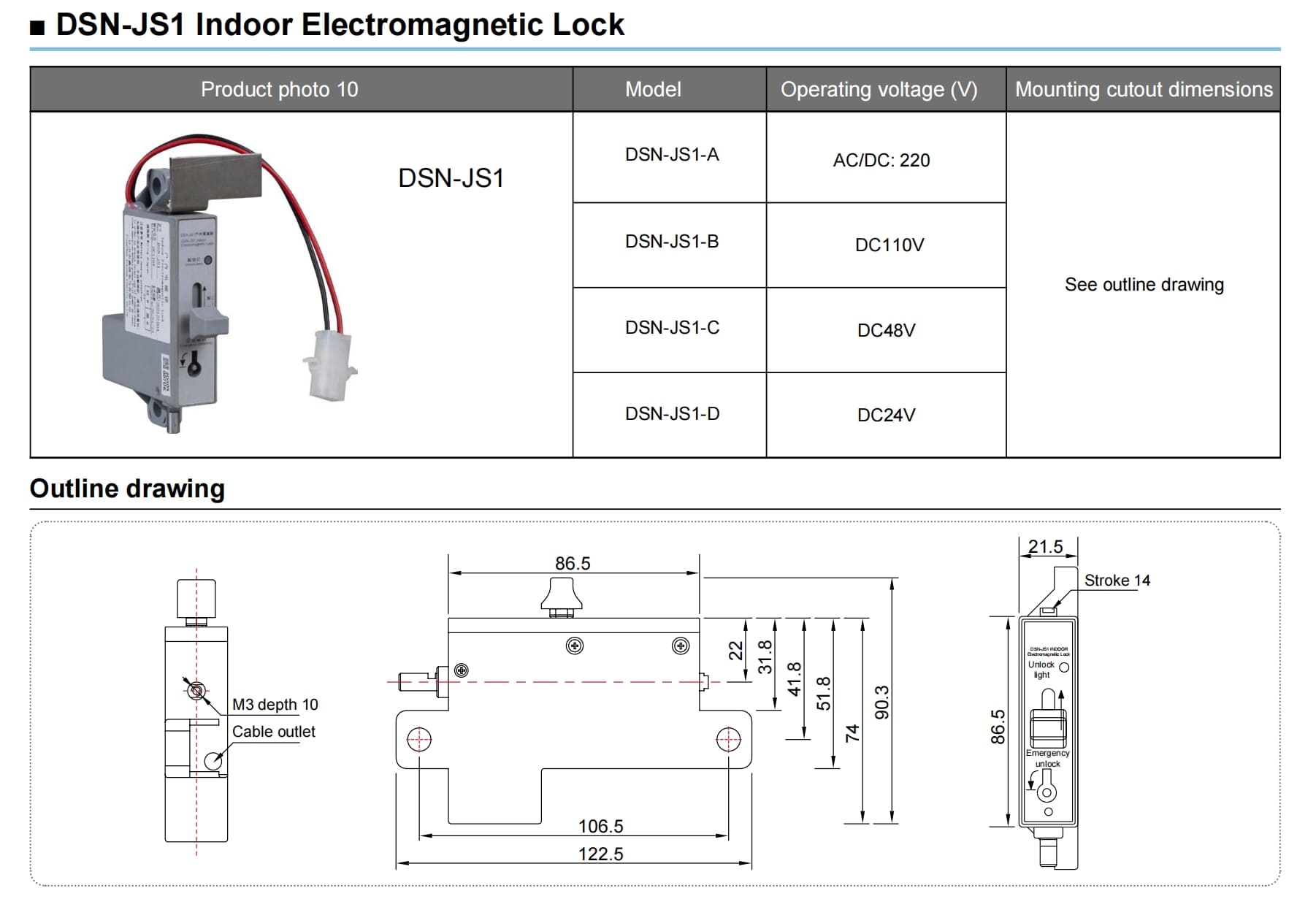 Dsn Js1 Indoor Electromagnetic Lock For Cabinet Safety Detailed And Wiring Dimensions