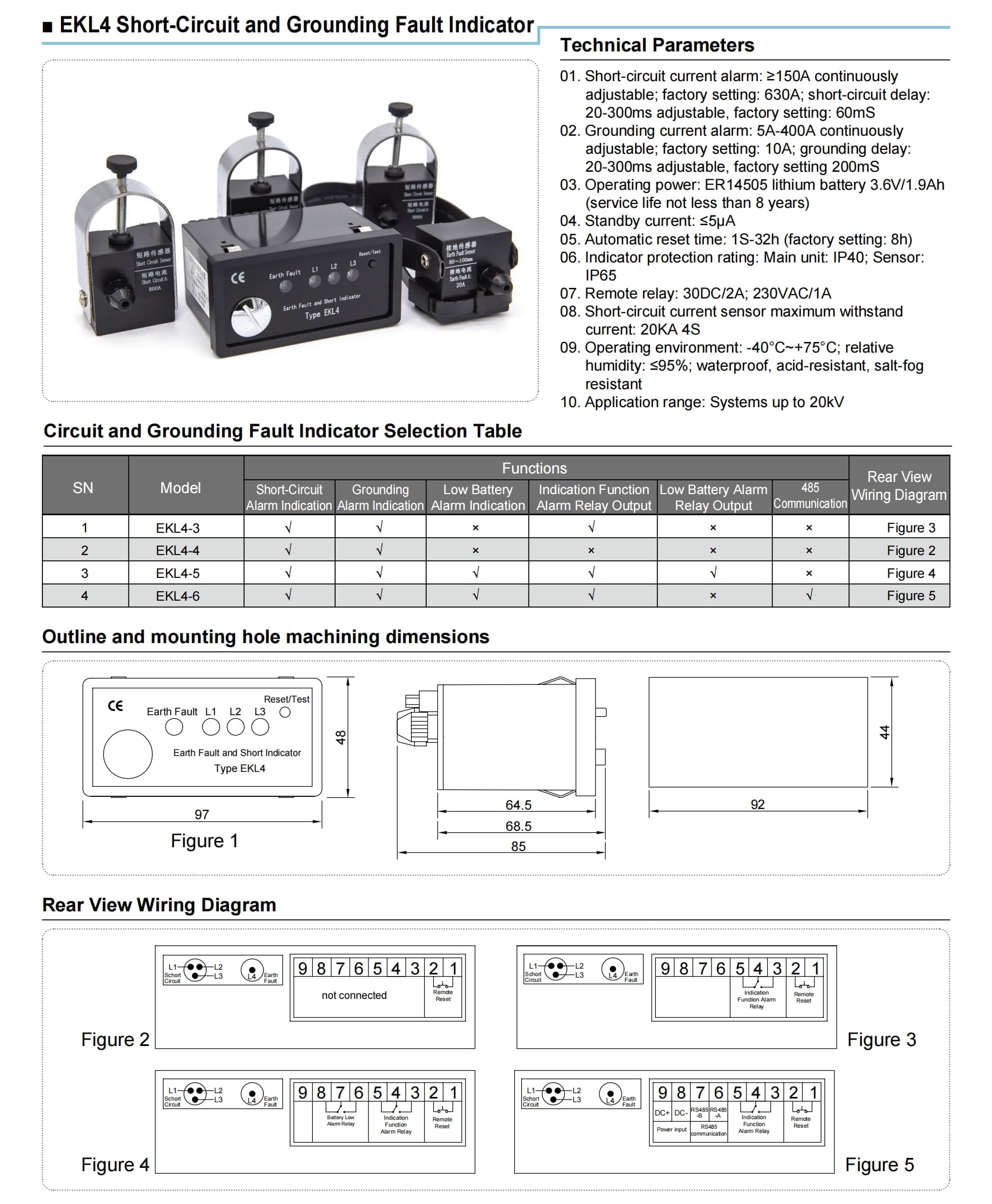 Ekl4 Short Circuit Grounding Fault Indicator For Cables Detailed And Wiring Dimensions