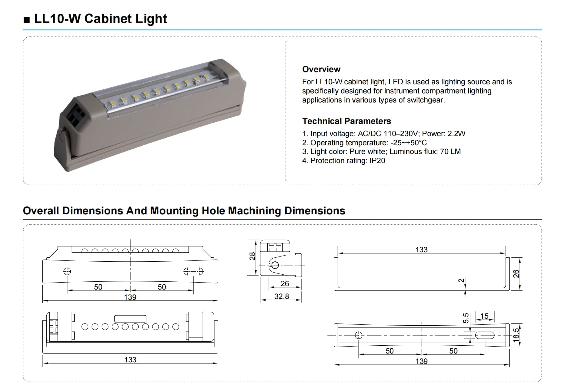 Ll10 W Cabinet Light For Switchgear Detailed And Wiring Dimensions
