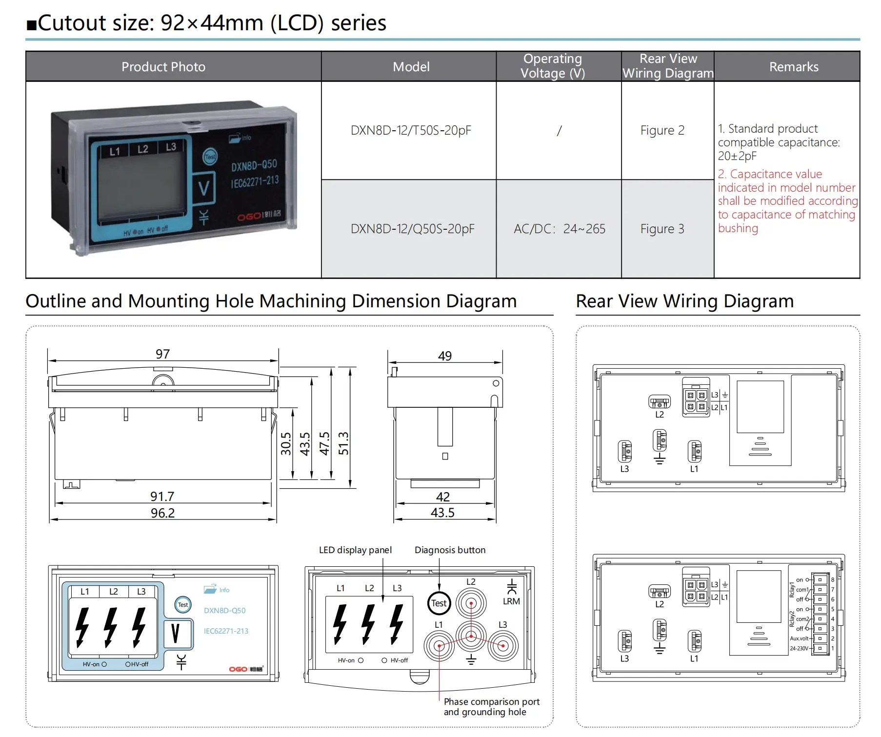 92×44mm LCD High Voltage Indicator Display parameters