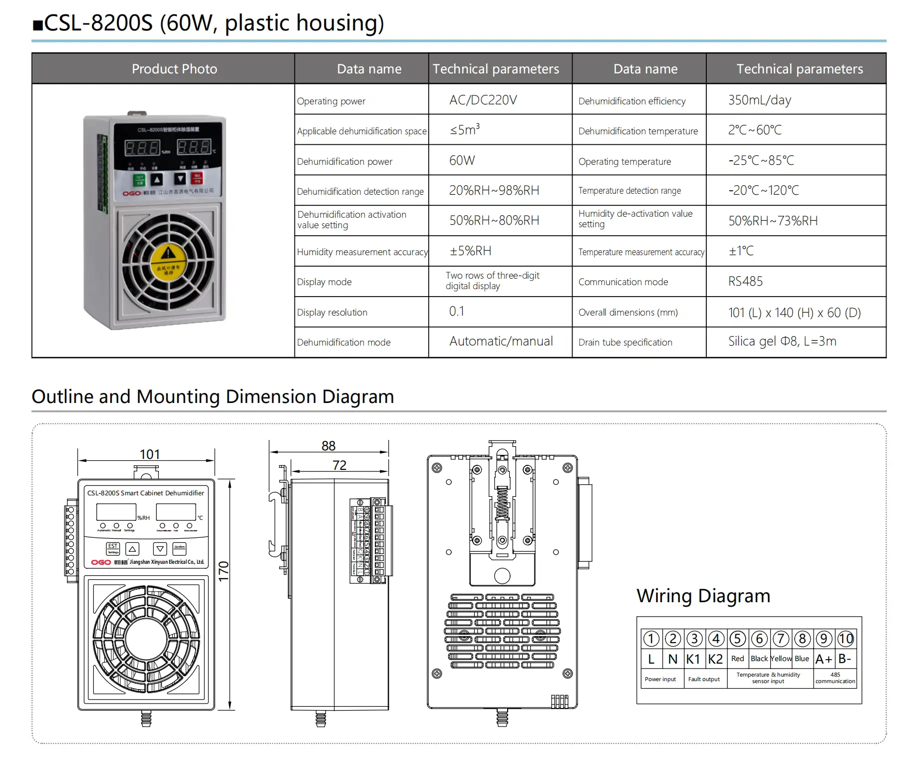 CSL 8200S 60W Electrical Cabinet Dehumidifier parameters