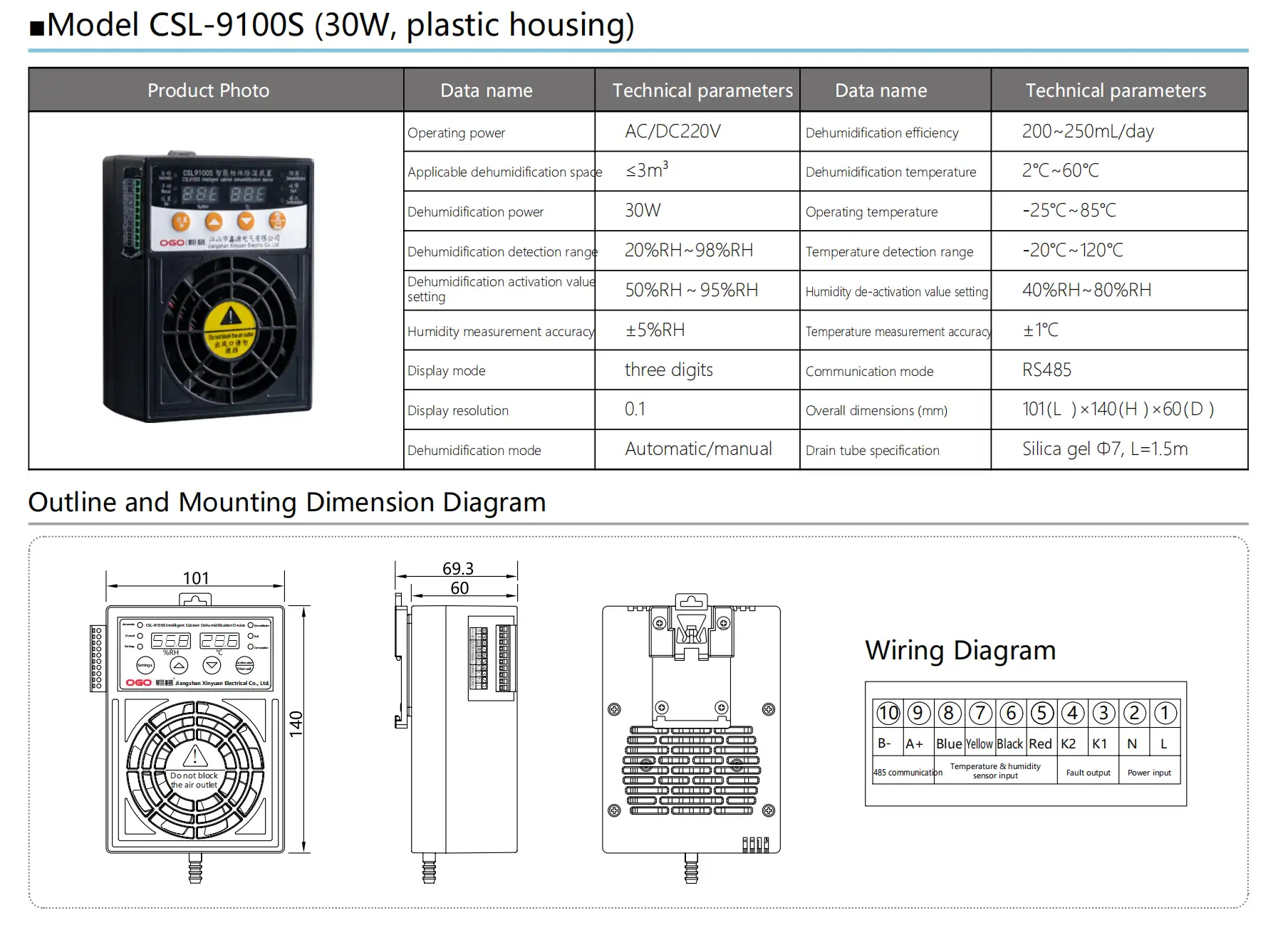 CSL 9100S 30w Electrical Cabinet Dehumidifier parameters