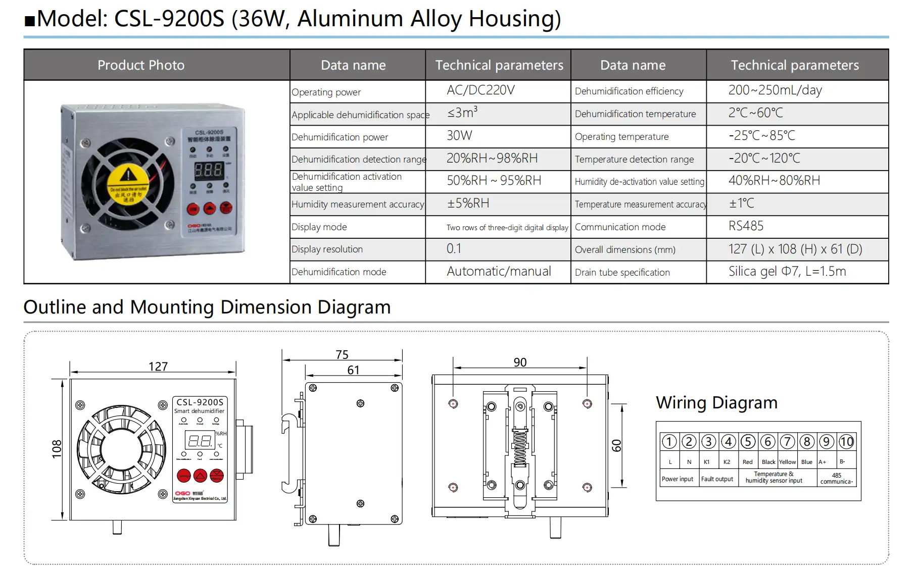 CSL 9200S 36W Electrical Cabinet Dehumidifier parameters