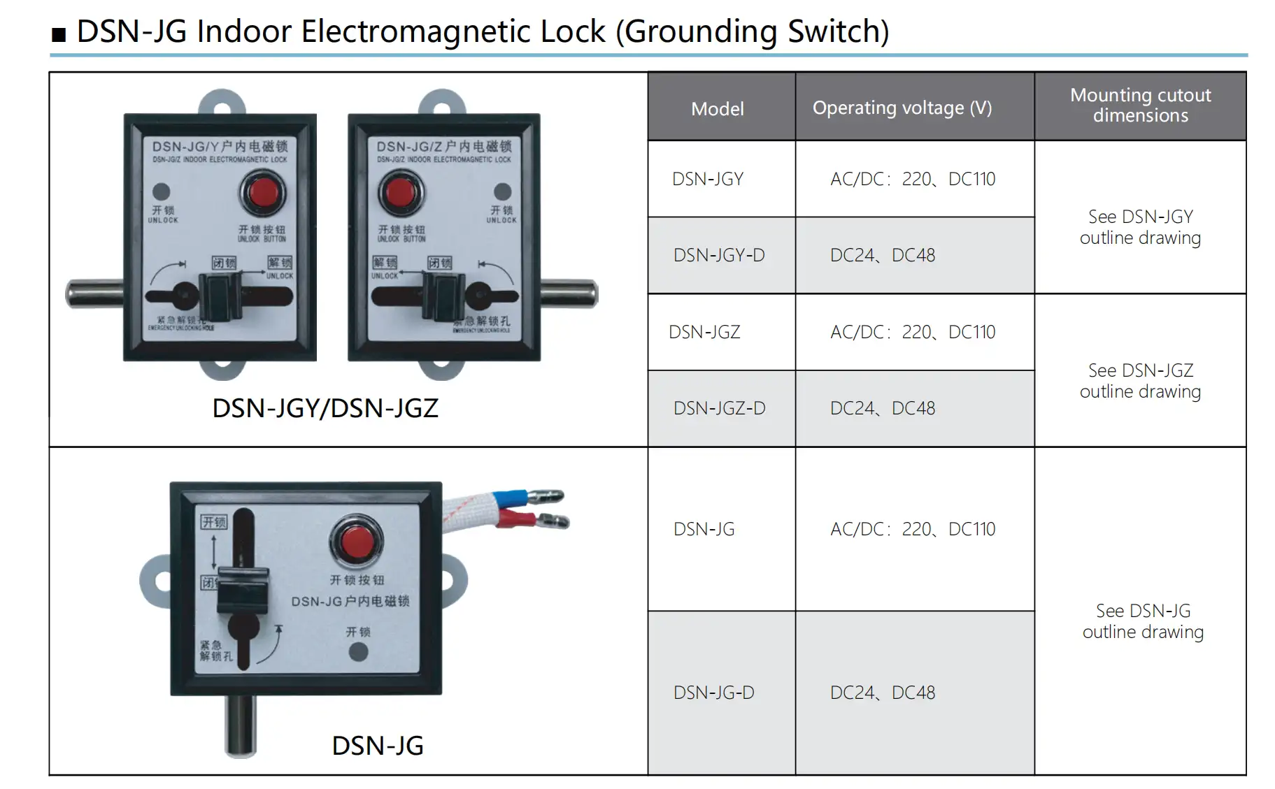 DSN JG Indoor Electromagnetic Lock Grounding Switch parameters