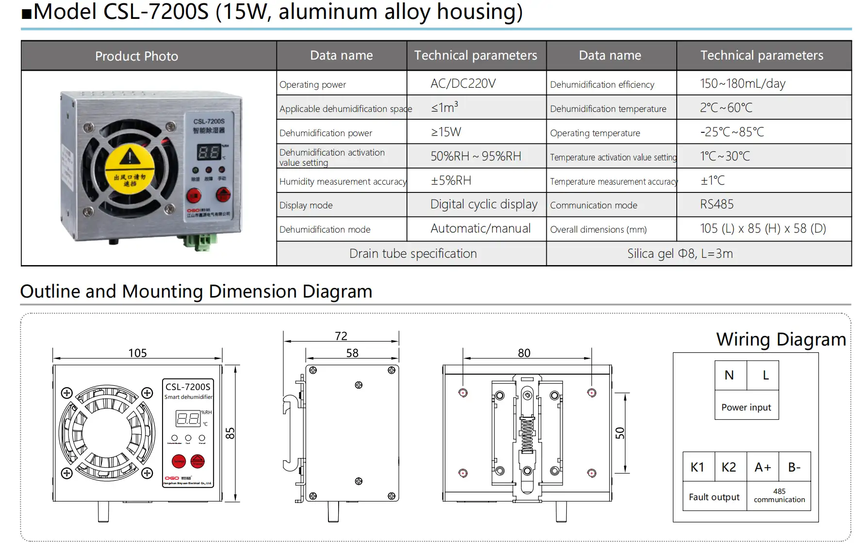 aluminum alloy housing Electrical Cabinet Dehumidifier parameters